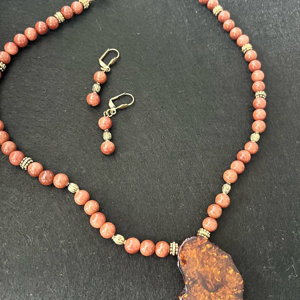 Elegant Goldstone Resin Beaded Necklace and Earring Set